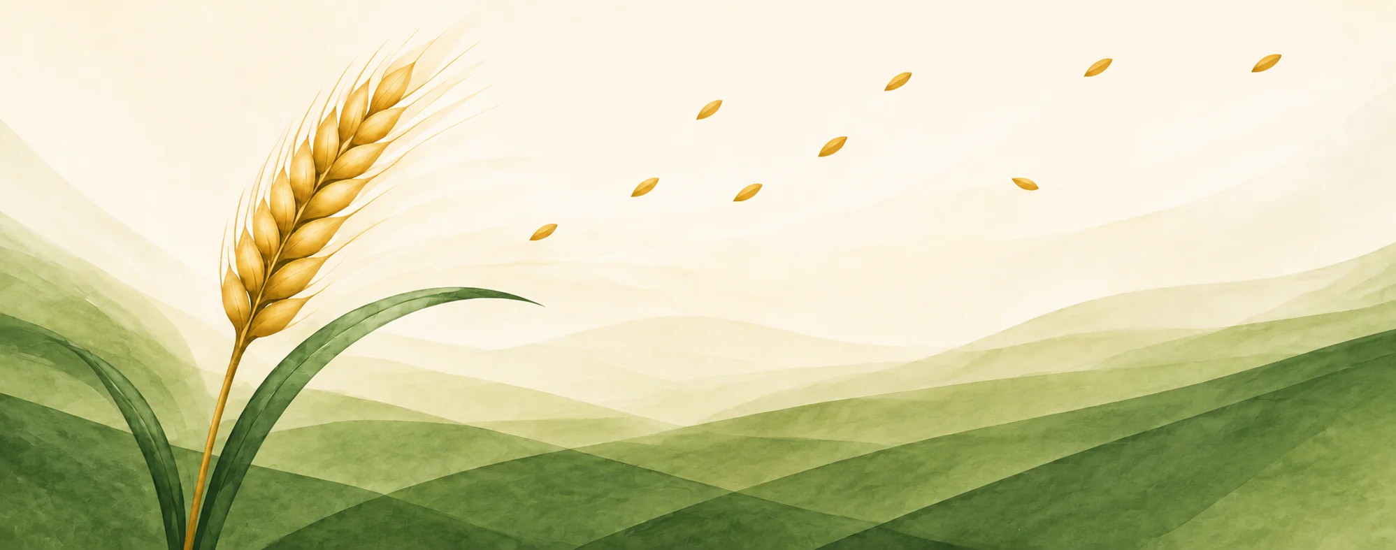 An ear of wheat carrying seeds toward a new season, in warm amber and forest green.