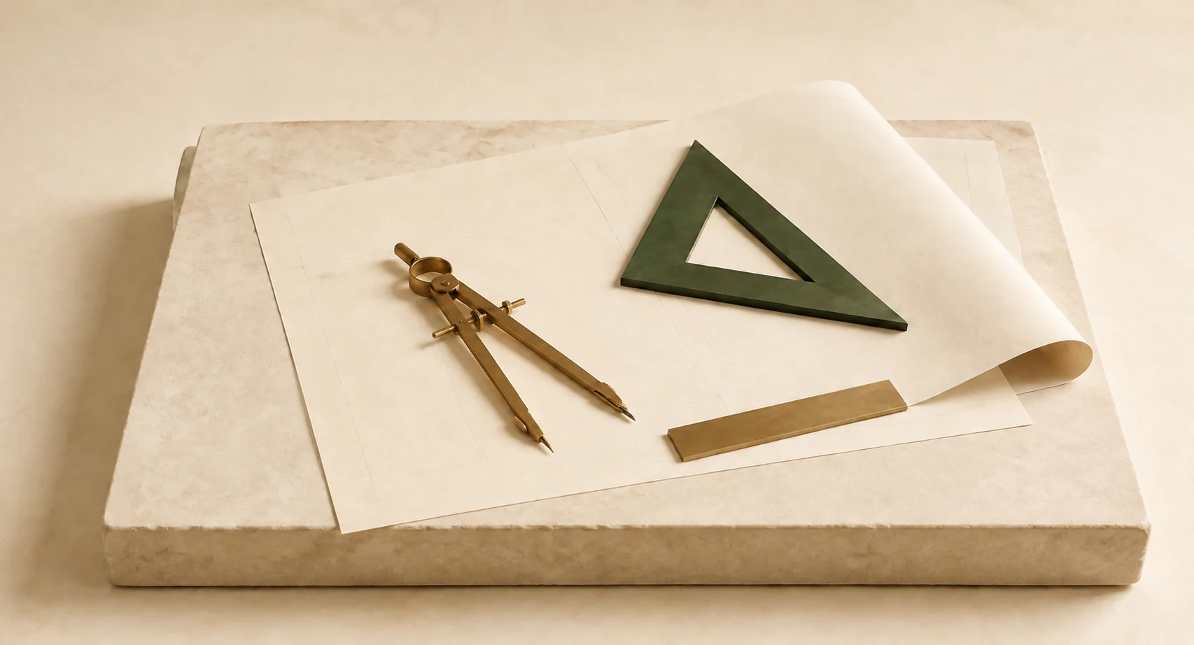 A stone workbench with drafting paper, a forest-green set square, and precise brass instruments.
