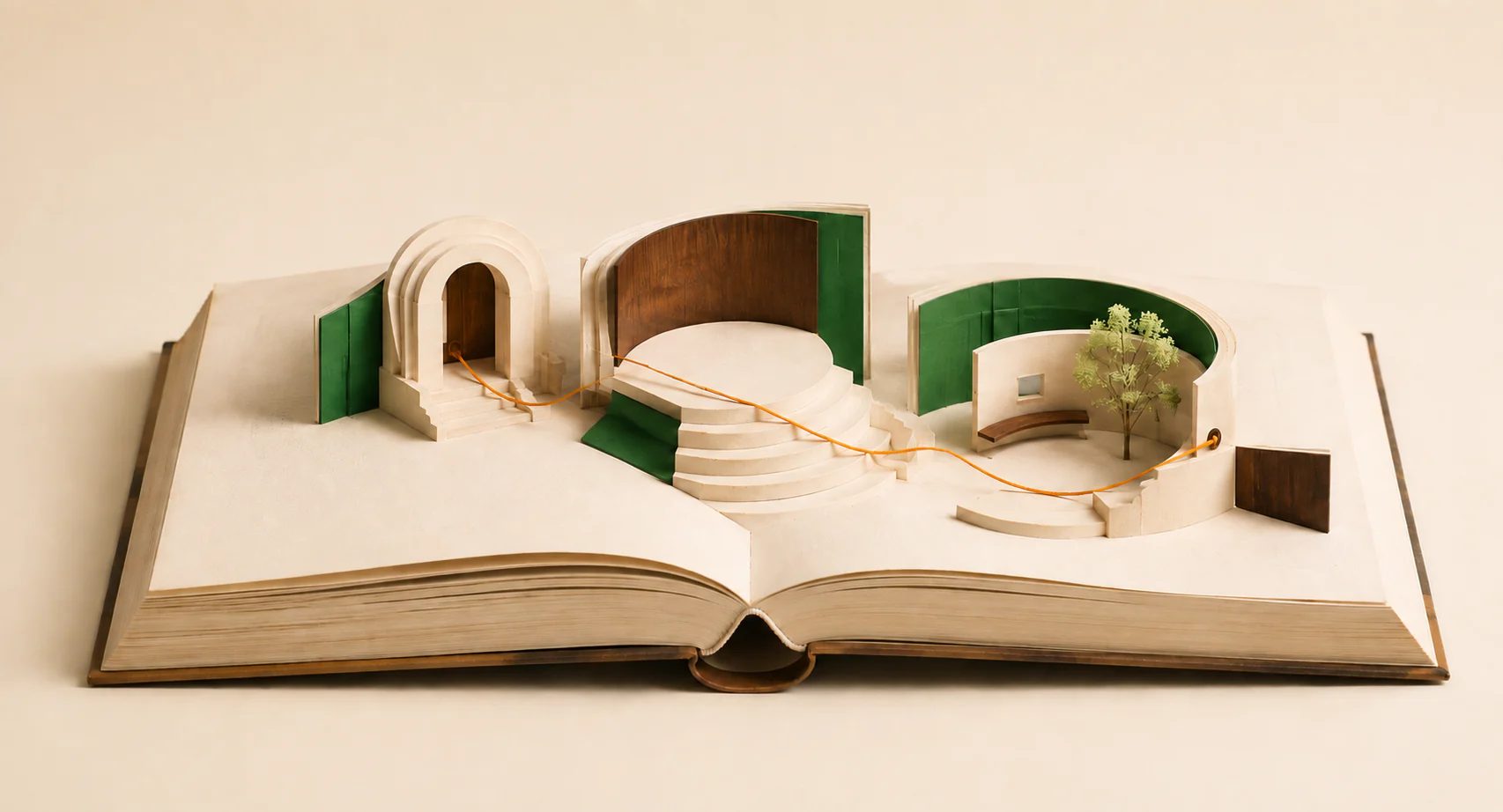 An open book unfolds into three miniature architectural scenes, joined by an amber thread.